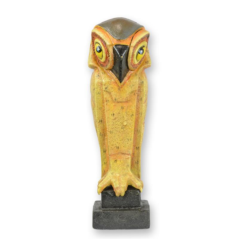 Gietijzeren Art Deco uil, gekleurd, op sokkel – 25 cm – VntiQue