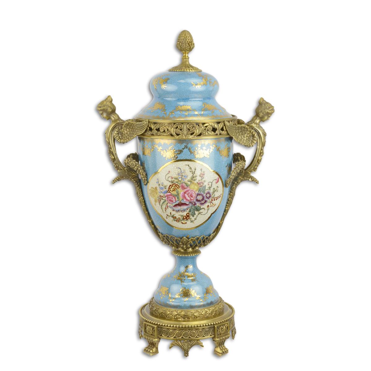 Porseleinen urn blauw met bronzen monturen en deksel – 65,3 cm – VntiQue