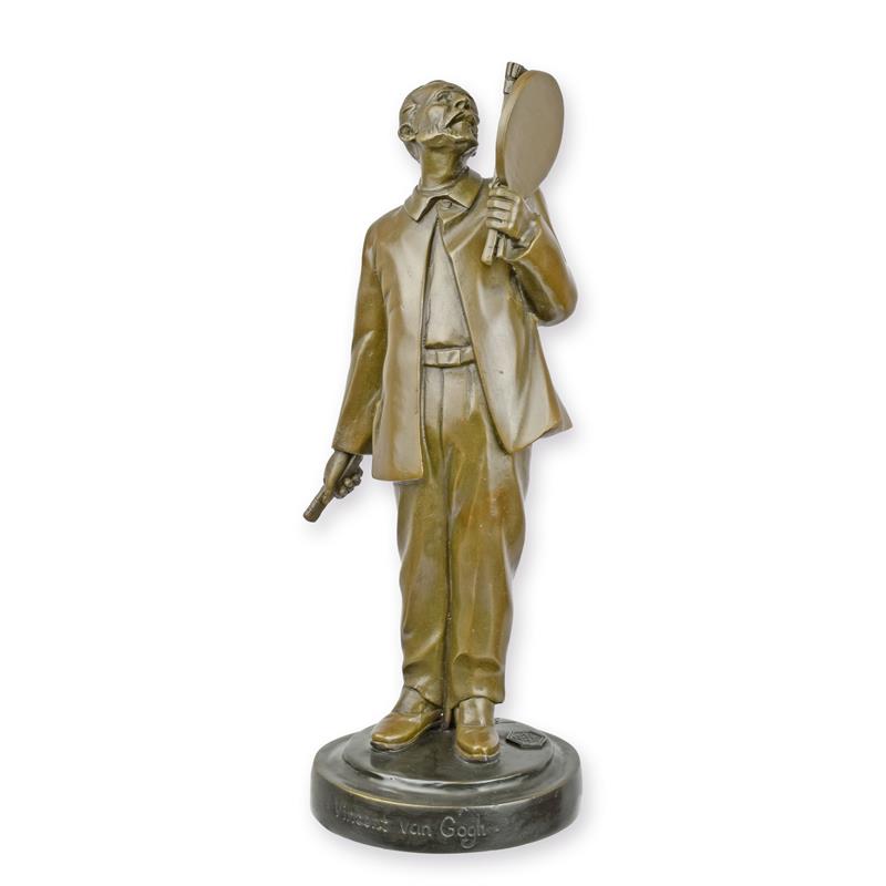 Bronzen sculptuur van Vincent van Gogh met palet en kwast op ronde sokkel – 26,6 cm – VntiQue