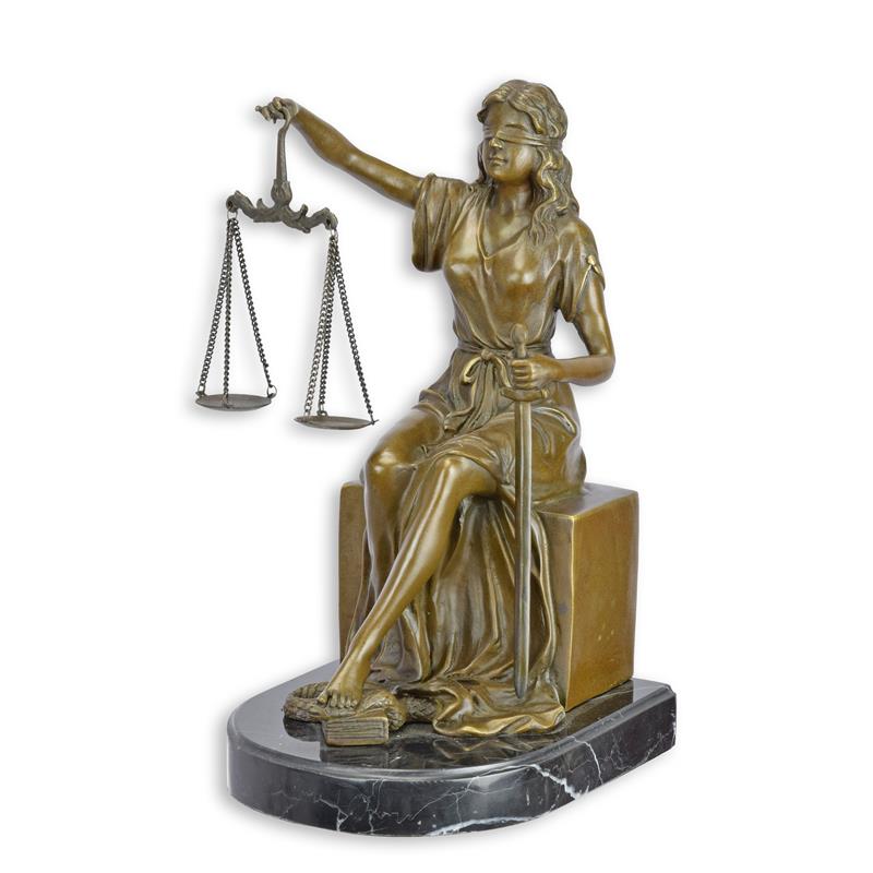 Bronzen beeld Vrouwe Justitia als boekensteun met weegschaal en zwaard op marmeren sokkel – 25 cm – VntiQue