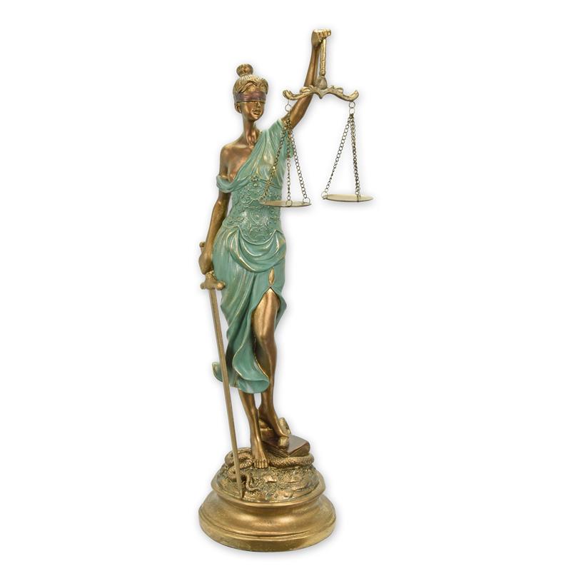 Resin beeld Vrouwe Justitia met weegschaal en zwaard, 53 cm – goud/groen