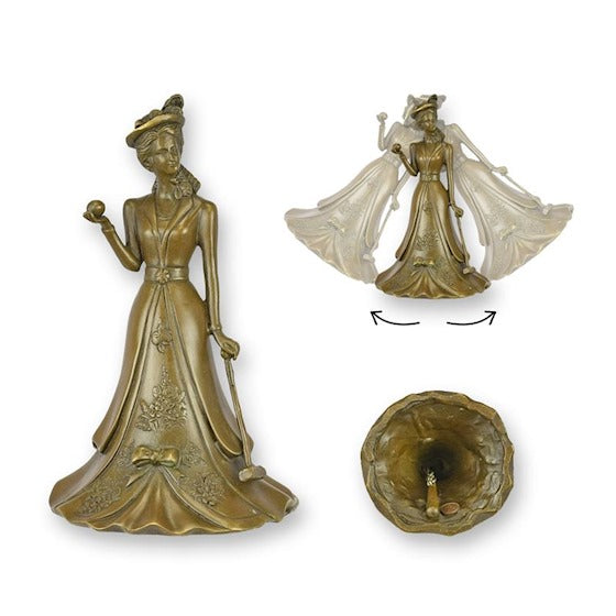 Bronzen tafelbel vrouwelijke golfer in lange jurk 16,8 cm – VntiQue