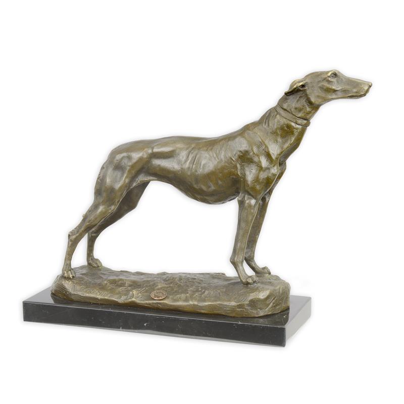 Bronzen beeld windhond, bruine patina, op marmeren sokkel – 24,5 cm – VntiQue