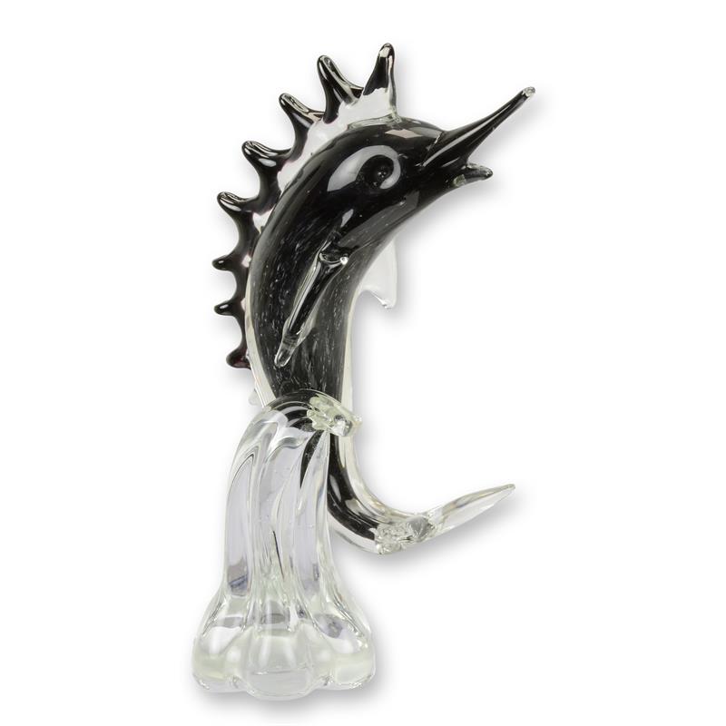 Murano-stijl glazen zwaardvis (marlin) in helder en zwart glas op voet – 30,4 cm – VntiQue